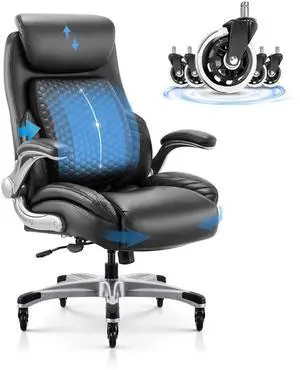 COLAMY Office Ergonomic Desk High Back Executive Chair with Pop-Out Lumbar Support, Upgraded Casters, Adjustable Headrest, Flip-Up Arms, Leather Home with Thick Cushion for Comfort - Black COLAMY Office Ergonomic Desk High Back Executive Chair with Pop-Out Lumbar Support, Upgraded Casters, Adjustable Headrest, Flip-Up Arms, Leather Home with Thick Cushion for Comfort - Black