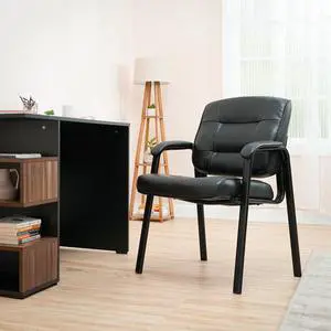 Amazon Basics Classic Faux Leather Office Desk Chair with Armrests, Metal Frame, Black, 27.4D x 23.6W x 35.8H in Amazon Basics Classic Faux Leather Office Desk Chair with Armrests, Metal Frame, Black, 27.4D x 23.6W x 35.8H in