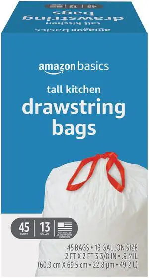 Tall Kitchen Drawstring Trash Bags, 13 Gallon, Unscented, 45 Count Tall Kitchen Drawstring Trash Bags, 13 Gallon, Unscented, 45 Count