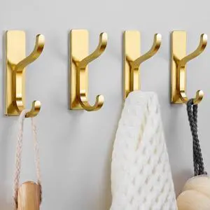 Adhesive Wall Coat Hooks - Heavy Duty Stick-On Door Hanger, Metal Hook for Hanging Towel,Purse, Robe, Backpack, Jacket, Clothes - for Bathroom,Dorm, Closet, Kitchen - Gold, 4 Pack Adhesive Wall Coat Hooks - Heavy Duty Stick-On Door Hanger, Metal Hook for Hanging Towel,Purse, Robe, Backpack, Jacket, Clothes - for Bathroom,Dorm, Closet, Kitchen - Gold, 4 Pack