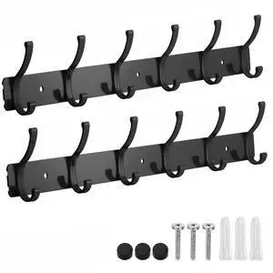 Coat Rack Wall Mount, 2 Pack Coat Hooks Hanger Wall Double Hook Rack Rail Towel Hat Rack Entryway Bathroom Hanger Organizer for Robes, Clothes, Bags, Hat(Black) Coat Rack Wall Mount, 2 Pack Coat Hooks Hanger Wall Double Hook Rack Rail Towel Hat Rack Entryway Bathroom Hanger Organizer for Robes, Clothes, Bags, Hat(Black)