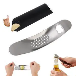 Garlic Press Rocker Stainless Steel, Manual Garlic Mincer Crusher with Silicone Peeler Set, Heavy Duty Ginger Smasher with Bottle Opener for Kitchen, Dishwasher Safe, Silver & Black Garlic Press Rocker Stainless Steel, Manual Garlic Mincer Crusher with Silicone Peeler Set, Heavy Duty Ginger Smasher with Bottle Opener for Kitchen, Dishwasher Safe, Silver & Black
