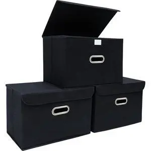 Fabric Storage Cube Bins Foldable Organizer Container Collapsible Basket with Lids and Metal Handles, for Home, Bedroom, Closet (Black, 3 Pcs) Fabric Storage Cube Bins Foldable Organizer Container Collapsible Basket with Lids and Metal Handles, for Home, Bedroom, Closet (Black, 3 Pcs)