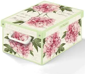 Storage Box: Small - Peony - Lid & Side Handles, Decorative Cardboard Organizer, Stacks-Folds, Home-Clothes-Linen-Office, 13.8 x 9.8 x 6.9 Storage Box: Small - Peony - Lid & Side Handles, Decorative Cardboard Organizer, Stacks-Folds, Home-Clothes-Linen-Office, 13.8 x 9.8 x 6.9