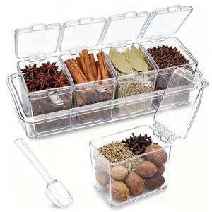 Clear Seasoning Box, 4 Pieces Seasoning Rack Spice Pots, Storage Container Condiment Jars Acrylic Seasoning Box with Covers and Spoons for Spice, Sugar, Salt, Sugar, Cardamon, Cinnamon Clear Seasoning Box, 4 Pieces Seasoning Rack Spice Pots, Storage Container Condiment Jars Acrylic Seasoning Box with Covers and Spoons for Spice, Sugar, Salt, Sugar, Cardamon, Cinnamon