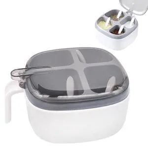 Seasoning Box with Lid and Spoon, 4 Compartment Spice Pots with Handle, Home Kitchen Condiment Jars for Sugar Salt Pepper Seasoning Box with Lid and Spoon, 4 Compartment Spice Pots with Handle, Home Kitchen Condiment Jars for Sugar Salt Pepper
