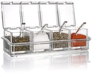 Clear Seasoning Rack Spice Pots - 4 Piece Storage Container Condiment Jars - Acrylic Seasoning Box, Cruet with Cover and Spoon Clear Seasoning Rack Spice Pots - 4 Piece Storage Container Condiment Jars - Acrylic Seasoning Box, Cruet with Cover and Spoon