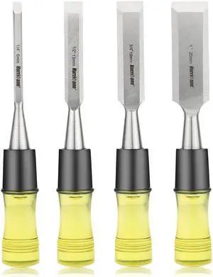 4 Piece Wood Chisel Set for Woodworking. CR-V Steel Beveled Edge Blades with Safety Caps. Durable PVC High Impact Handle, for Precision Carving & DIY Projects (1/4", 1/2", 3/4", 1") 4 Piece Wood Chisel Set for Woodworking. CR-V Steel Beveled Edge Blades with Safety Caps. Durable PVC High Impact Handle, for Precision Carving & DIY Projects (1/4", 1/2", 3/4", 1")
