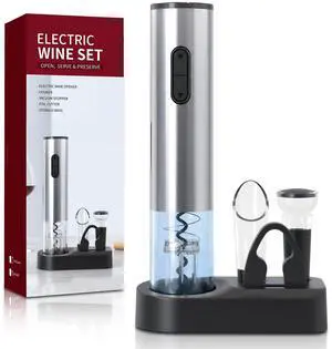 5-in-1 ElectricWine Bottle Opener Set Battery Operated Reusable Corkscrew with Storage Base, Foil Cutter, Wine Pour& Wine Stopper (Silver) 5-in-1 ElectricWine Bottle Opener Set Battery Operated Reusable Corkscrew with Storage Base, Foil Cutter, Wine Pour& Wine Stopper (Silver)