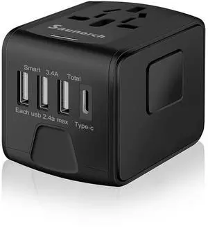 SAUNORCH Universal International Travel Power Adapter W/High Speed 2.4A USB, 3.0A Type-C Wall Charger, European Adapter, Worldwide AC Outlet Plugs Adapters for Europe, UK, US, AU, Asia-Black SAUNORCH Universal International Travel Power Adapter W/High Speed 2.4A USB, 3.0A Type-C Wall Charger, European Adapter, Worldwide AC Outlet Plugs Adapters for Europe, UK, US, AU, Asia-Black