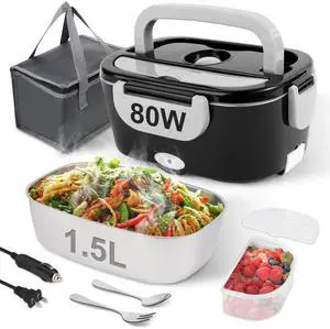 80W Electric Lunch Box for Adults, 1.5L Stainless Steel Food Warmer Lunchbox, 12V/24V/110V Portable Heated Lunch Box for Car/Truck/Office, Leak-Proof, Dishwasher-Safe with Fork & Spoon (Black) 80W Electric Lunch Box for Adults, 1.5L Stainless Steel Food Warmer Lunchbox, 12V/24V/110V Portable Heated Lunch Box for Car/Truck/Office, Leak-Proof, Dishwasher-Safe with Fork & Spoon (Black)