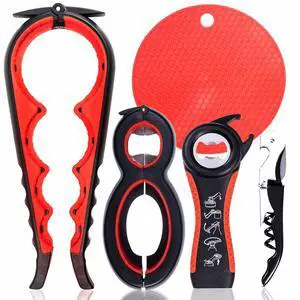 Jar Opener Bottle Opener for Weak hands 5 Pack, Multi Kitchen Tools Set for Weak Hands, Children, Seniors with Arthritis, Lid Opener for Children, with Silicone Handle (Red) Jar Opener Bottle Opener for Weak hands 5 Pack, Multi Kitchen Tools Set for Weak Hands, Children, Seniors with Arthritis, Lid Opener for Children, with Silicone Handle (Red)