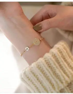14k Gold Hetian Jade Peace Buckle Bracelet - Feng Shui Harmony Lucky Charm for Ladies, Chinese Handmade Jewelry for Mother (Light Green) 14k Gold Hetian Jade Peace Buckle Bracelet - Feng Shui Harmony Lucky Charm for Ladies, Chinese Handmade Jewelry for Mother (Light Green)