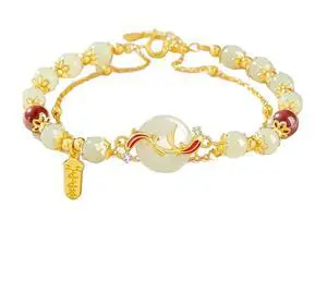 Women Double Circle beads Bracelet with Lucky Koi Fish Pi An Kou Green Jade & Red Agate Beads, Adjustable 8.6 Inches Chinese Style Bracelet, Elegant Gift for Birthday, Christmas Women Double Circle beads Bracelet with Lucky Koi Fish Pi An Kou Green Jade & Red Agate Beads, Adjustable 8.6 Inches Chinese Style Bracelet, Elegant Gift for Birthday, Christmas