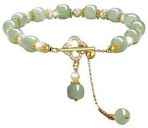Hotan Jade Pearl Bracelet Four leaf Grass Drill Button Design Oriental Poetic Light Luxury WristbandBanquet/Christmas Gift (Pearl Clover) Hotan Jade Pearl Bracelet Four leaf Grass Drill Button Design Oriental Poetic Light Luxury WristbandBanquet/Christmas Gift (Pearl Clover)