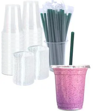 12 oz Clear Plastic Cups with Lids and STRAWS, Disposable Drinking Cups for Cold Drinks, Iced Coffee, Milkshakes, Smoothies, 25 Sets 12 oz Clear Plastic Cups with Lids and STRAWS, Disposable Drinking Cups for Cold Drinks, Iced Coffee, Milkshakes, Smoothies, 25 Sets