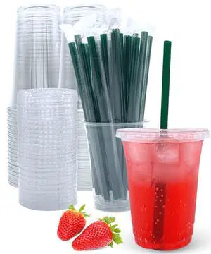 12 oz Clear Plastic Cups with Lids and Straws, Disposable Coffee Cups 25 Sets 12 oz Clear Plastic Cups with Lids and Straws, Disposable Coffee Cups 25 Sets