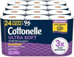 Ultra Soft Toilet Paper with Cushiony CleaningRipples Texture, Strong Bath Tissue, 24 Family Mega Rolls = 108 Regular Rolls (4 Packs of 6) Ultra Soft Toilet Paper with Cushiony CleaningRipples Texture, Strong Bath Tissue, 24 Family Mega Rolls = 108 Regular Rolls (4 Packs of 6)
