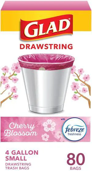Small Trash Bags, Great for Office, Bathrooms and Bedroom Bins, Cherry Blossom Scented Garbage Bags, Odor Resistant with Drawstring, Febreze Freshness, 4 Gallon Trash Bags, 80 Count Small Trash Bags, Great for Office, Bathrooms and Bedroom Bins, Cherry Blossom Scented Garbage Bags, Odor Resistant with Drawstring, Febreze Freshness, 4 Gallon Trash Bags, 80 Count