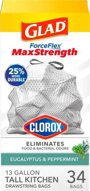 ForceFlex MaxStrength with Clorox Trash Bags, 13 Gal, Eucalyptus, 34 Ct (Package May Vary) ForceFlex MaxStrength with Clorox Trash Bags, 13 Gal, Eucalyptus, 34 Ct (Package May Vary)