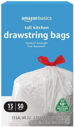13 Gallon Tall Kitchen Drawstring Trash Bags, Flextra Strength, Tear Resistant, 10% Post Consumer Recycled, 50 Count, White 13 Gallon Tall Kitchen Drawstring Trash Bags, Flextra Strength, Tear Resistant, 10% Post Consumer Recycled, 50 Count, White