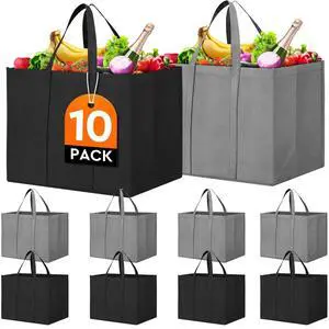 Reusable Grocery Shopping Bags 10 Pack Large Foldable Tote Bags Bulk, Eco Produce Bags with Long Handle for Shopping Groceries Clothes (Grey&Black) Reusable Grocery Shopping Bags 10 Pack Large Foldable Tote Bags Bulk, Eco Produce Bags with Long Handle for Shopping Groceries Clothes (Grey&Black)