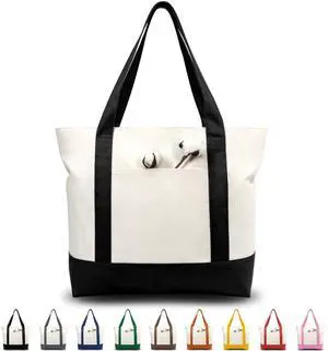 1 | 3 | 6 | 30 Pack Canvas Tote Bag with an External Pocket, Reusable Grocery Shopping Bag, Top Zipper Closure, Daily Essentials (Black/Natural Pack of 1) 1 | 3 | 6 | 30 Pack Canvas Tote Bag with an External Pocket, Reusable Grocery Shopping Bag, Top Zipper Closure, Daily Essentials (Black/Natural Pack of 1)