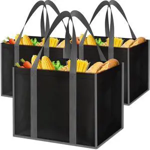 Reusable Grocery Bags for Shopping with Long Handles, 3 Pack, Black | Multipurpose Shopping Bags for Groceries, Foldable Grocery Totes Resist Water & Stains for Kitchen, Car Trunk, Picnic Reusable Grocery Bags for Shopping with Long Handles, 3 Pack, Black | Multipurpose Shopping Bags for Groceries, Foldable Grocery Totes Resist Water & Stains for Kitchen, Car Trunk, Picnic