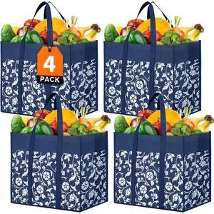 Reusable Grocery Bags Foldable Tote Bags Bulk with Reinforced Handles Shopping Bags for Groceries Heavy Duty Kitchen Reusable Grocery Bags with Waterproof Coating 4-Pack, Blue Reusable Grocery Bags Foldable Tote Bags Bulk with Reinforced Handles Shopping Bags for Groceries Heavy Duty Kitchen Reusable Grocery Bags with Waterproof Coating 4-Pack, Blue