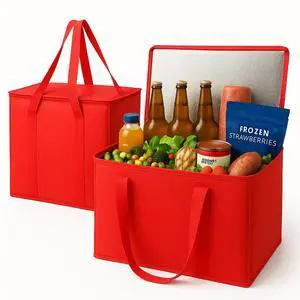 2-Pack XL-Large Insulated Grocery Shopping Bags, Red, Reusable, Heavy Duty, Zipped Zipper,Collapsible,Tote,Cooler,Groceries,for car,Recycled Material Warm Foldable Bag 2-Pack XL-Large Insulated Grocery Shopping Bags, Red, Reusable, Heavy Duty, Zipped Zipper,Collapsible,Tote,Cooler,Groceries,for car,Recycled Material Warm Foldable Bag
