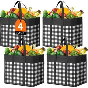 Reusable Grocery Bags,4-Pack, Foldable Reusable Shopping Tote Bags bulk with Reinforced Handles,Large Storage Bags with Water Resistant Coating for Groceries,Multipurpose,Black-White Reusable Grocery Bags,4-Pack, Foldable Reusable Shopping Tote Bags bulk with Reinforced Handles,Large Storage Bags with Water Resistant Coating for Groceries,Multipurpose,Black-White