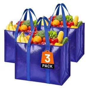 Reusable Grocery Bags for Groceries - 3 Pack, Heavy Duty Shopping Tote Bags Stand Upright, Waterproof & Foldable Blue Totes with Long Handles for Bulk Shopping, Versatile Storage, 33L Reusable Grocery Bags for Groceries - 3 Pack, Heavy Duty Shopping Tote Bags Stand Upright, Waterproof & Foldable Blue Totes with Long Handles for Bulk Shopping, Versatile Storage, 33L