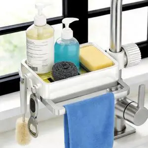 Sink Caddy Kitchen Sink Organizer, 360° Rotating Faucet Sponge Holder for Kitchen Sink with Pull-Out Drain Tray 3 Compartments Hanging Sink Caddy for Sponge Dish Brush Cloth,White Sink Caddy Kitchen Sink Organizer, 360° Rotating Faucet Sponge Holder for Kitchen Sink with Pull-Out Drain Tray 3 Compartments Hanging Sink Caddy for Sponge Dish Brush Cloth,White