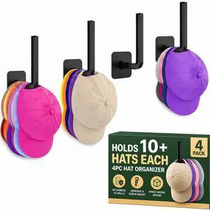 Hat Organizer 4 Pack, Hat Rack for Baseball Caps Holds 10+ Caps Each, Hat Hooks for Wall, Strong Adhesive & Screw Mount Hat Holder, Space Saving Storage for Closet Door Bedroom, RV Accessories, Black Hat Organizer 4 Pack, Hat Rack for Baseball Caps Holds 10+ Caps Each, Hat Hooks for Wall, Strong Adhesive & Screw Mount Hat Holder, Space Saving Storage for Closet Door Bedroom, RV Accessories, Black