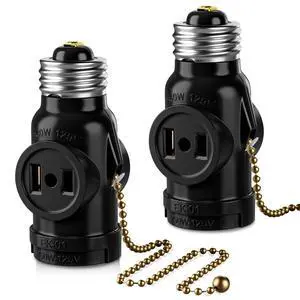 UL Listed E26 to 2 Outlet Adapter, Pull Chain Short, Black, 2-Pack | Pull Chain Light Socket, 2 Polarized Outlet Bulb Splitter, Pull Chain Switch Control, Convert E26 Socket to 2-Prong Outlets UL Listed E26 to 2 Outlet Adapter, Pull Chain Short, Black, 2-Pack | Pull Chain Light Socket, 2 Polarized Outlet Bulb Splitter, Pull Chain Switch Control, Convert E26 Socket to 2-Prong Outlets