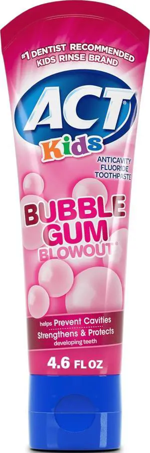 Kids Anticavity Fluoride Toothpaste, Bubble Gum Blowout, 4.6 oz. | Prevents cavities, strengthens teeth, freshens breath, stand-up tube with flip-cap for convenient use Kids Anticavity Fluoride Toothpaste, Bubble Gum Blowout, 4.6 oz. | Prevents cavities, strengthens teeth, freshens breath, stand-up tube with flip-cap for convenient use