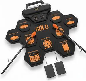 Portable Electronic Roll-Up Drum Set - 9-Pad Rechargeable Roll-Up MIDI Drum Pad with Handy Carry Handle, Built-In Speakers, Headphone Jack, Sticks Foot Pedals Portable Electronic Roll-Up Drum Set - 9-Pad Rechargeable Roll-Up MIDI Drum Pad with Handy Carry Handle, Built-In Speakers, Headphone Jack, Sticks Foot Pedals