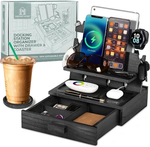 Black Wood Phone Docking Station for Up to 3 Phones Samsung Galaxy Watch Compatible Nightstand Organizer with Drawer for Valuables, Holds Phones, Tablets, Keys, Rings, Glasses, EDC Black Wood Phone Docking Station for Up to 3 Phones Samsung Galaxy Watch Compatible Nightstand Organizer with Drawer for Valuables, Holds Phones, Tablets, Keys, Rings, Glasses, EDC