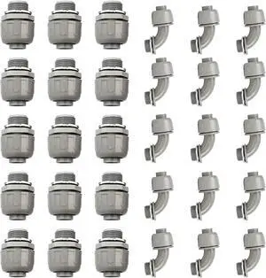 Conduit Connectors, 3/4 Inch Liquid Tight Connector NPT Non-Metallic for PVC Electrical Flexible Conduit Fittings, 15 Straight and 15 Angle 90 Degree, UL Listed, Grey (30-Pack) Conduit Connectors, 3/4 Inch Liquid Tight Connector NPT Non-Metallic for PVC Electrical Flexible Conduit Fittings, 15 Straight and 15 Angle 90 Degree, UL Listed, Grey (30-Pack)