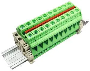 Dinkle Combiner DK10N-GN 10 Gang with Jumper Inserted DIN Rail Terminal Blocks, 6-20 AWG, 60 Amp, 600 Volt Green Bus Bar Busbar Dinkle Combiner DK10N-GN 10 Gang with Jumper Inserted DIN Rail Terminal Blocks, 6-20 AWG, 60 Amp, 600 Volt Green Bus Bar Busbar