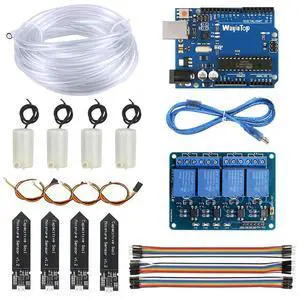 Upgrade Automatic Irrigation DIY Kit Self Watering System for Garden Plant, Development Board + 4pcs Soil Moisture Sensor + 4 Channel Relay + 4pcs Water Pump + 5M Vinyl Tubing + Jumper Wire Upgrade Automatic Irrigation DIY Kit Self Watering System for Garden Plant, Development Board + 4pcs Soil Moisture Sensor + 4 Channel Relay + 4pcs Water Pump + 5M Vinyl Tubing + Jumper Wire
