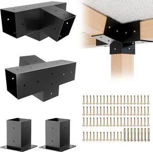 Pergola Kit, Slanted Roof Pergola Bracket, 4-Way Brackets with Post Base Kit, Log Cabin Outdoor 4"x 4" (Actual 3.5" X 3.5") Lumber Pergola Kit, Slanted Roof Pergola Bracket, 4-Way Brackets with Post Base Kit, Log Cabin Outdoor 4"x 4" (Actual 3.5" X 3.5") Lumber