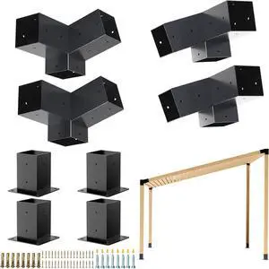 Pergola Kit, Slanted Roof Pergola Bracket, 3-Way Brackets with Post Base Kit, Log Cabin Outdoor 4"x 4" (Actual 3.5" X 3.5") Lumber Pergola Kit, Slanted Roof Pergola Bracket, 3-Way Brackets with Post Base Kit, Log Cabin Outdoor 4"x 4" (Actual 3.5" X 3.5") Lumber