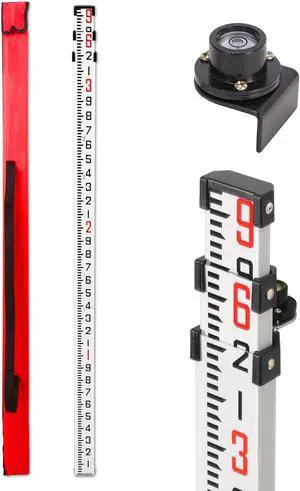 9-Foot Aluminum Grade Rod - 10ths Double-Sided Scale, 3-Section Telescopic Leveling Rod with Bubble Level & Carrying Case for Surveying, Laser Alignment, Walls, Floors 9-Foot Aluminum Grade Rod - 10ths Double-Sided Scale, 3-Section Telescopic Leveling Rod with Bubble Level & Carrying Case for Surveying, Laser Alignment, Walls, Floors