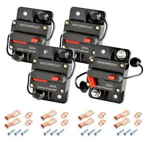 200Amp Circuit Breaker DC 12V-48V for Marine Boat Trolling Motor Automotive RV Trailer Car Solar System Battery Disconnect with Manual Reset Switch, IP67 Waterproof (Pack of 4) 200Amp Circuit Breaker DC 12V-48V for Marine Boat Trolling Motor Automotive RV Trailer Car Solar System Battery Disconnect with Manual Reset Switch, IP67 Waterproof (Pack of 4)