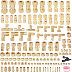 135PCS Brass Compression Tube Pipe Fittings Kits, 1/8" 3/16" 1/4" 3/8" 1/2" Union/Tee/Elbow/Straight Connector for Industrial Use and Trucks Trailers 135PCS Brass Compression Tube Pipe Fittings Kits, 1/8" 3/16" 1/4" 3/8" 1/2" Union/Tee/Elbow/Straight Connector for Industrial Use and Trucks Trailers