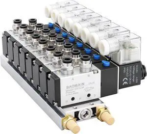 8 Station Solenoid Valve Manifold, 24V DC 5 Way 2 Position Pneumatic Air Valve, Eight Solenoid, 1/4" PT Port, Includes Manifold Base & Mufflers, 4V210-08 8 Station Solenoid Valve Manifold, 24V DC 5 Way 2 Position Pneumatic Air Valve, Eight Solenoid, 1/4" PT Port, Includes Manifold Base & Mufflers, 4V210-08
