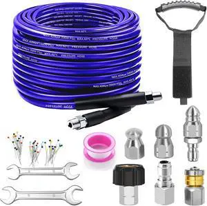 Sewer Jetter Kit for Pressure Washer, 100FT Drain Cleaner Hose 5800PSI with 1/4 Inch NPT Corner, Rotating Nozzle and 4 Different Button Nose Sewer Jet Nozzles, Waterproof Tape and 2 Spanners Purple Sewer Jetter Kit for Pressure Washer, 100FT Drain Cleaner Hose 5800PSI with 1/4 Inch NPT Corner, Rotating Nozzle and 4 Different Button Nose Sewer Jet Nozzles, Waterproof Tape and 2 Spanners Purple