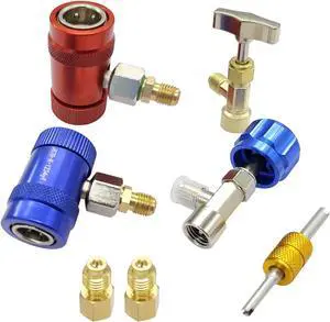 R1234yf Quick Couplers Connectors Kit, High & Low Couplers Set with Valve Core Remover for 1/4" & 1/2" HVAC Charging Hoses and R1234yf Adapter Tool Kit with Self-Sealing & Puncture Can Tap R1234yf Quick Couplers Connectors Kit, High & Low Couplers Set with Valve Core Remover for 1/4" & 1/2" HVAC Charging Hoses and R1234yf Adapter Tool Kit with Self-Sealing & Puncture Can Tap
