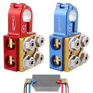 Battery Terminal Connectors, Red Positive Blue Negative Top Post Set, 4 x 2/0 AWG Inputs, 4 x 8MM Top & 3 x 6MM Bottom Studs, for SAE/DIN/EN Tapered Posts Battery Terminal Connectors, Red Positive Blue Negative Top Post Set, 4 x 2/0 AWG Inputs, 4 x 8MM Top & 3 x 6MM Bottom Studs, for SAE/DIN/EN Tapered Posts